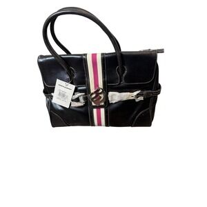 Rocawear Satchel Bag Womens Large Black Faux Leather Stripe Pink Lining Logo Y2K